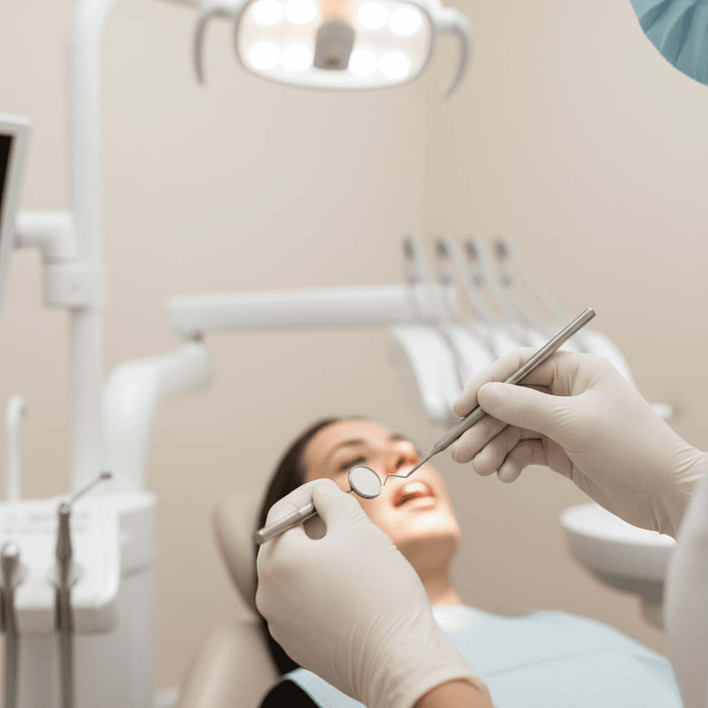 Dentist performing general dental checkup with precision instruments