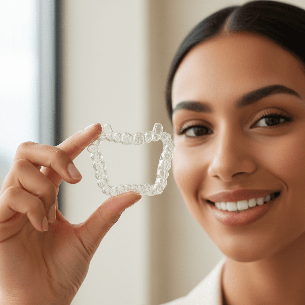 Orthodontist fitting clear aligners for teeth straightening