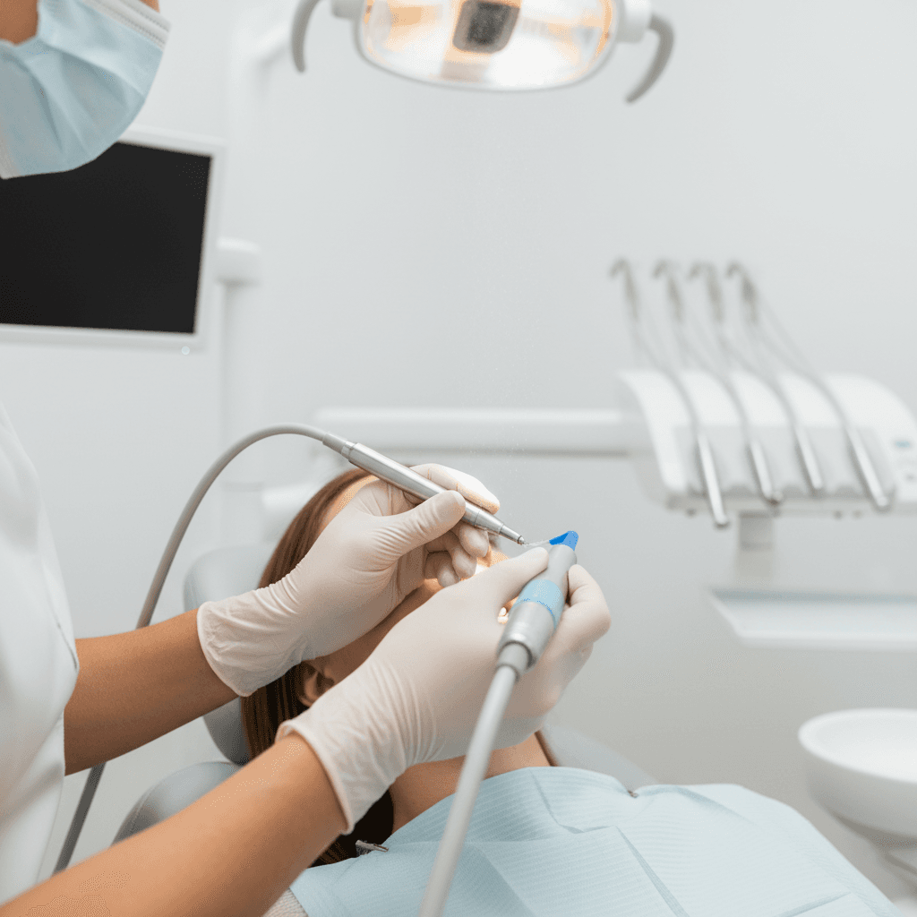 Dental hygiene professional performing treatment on relaxed patient