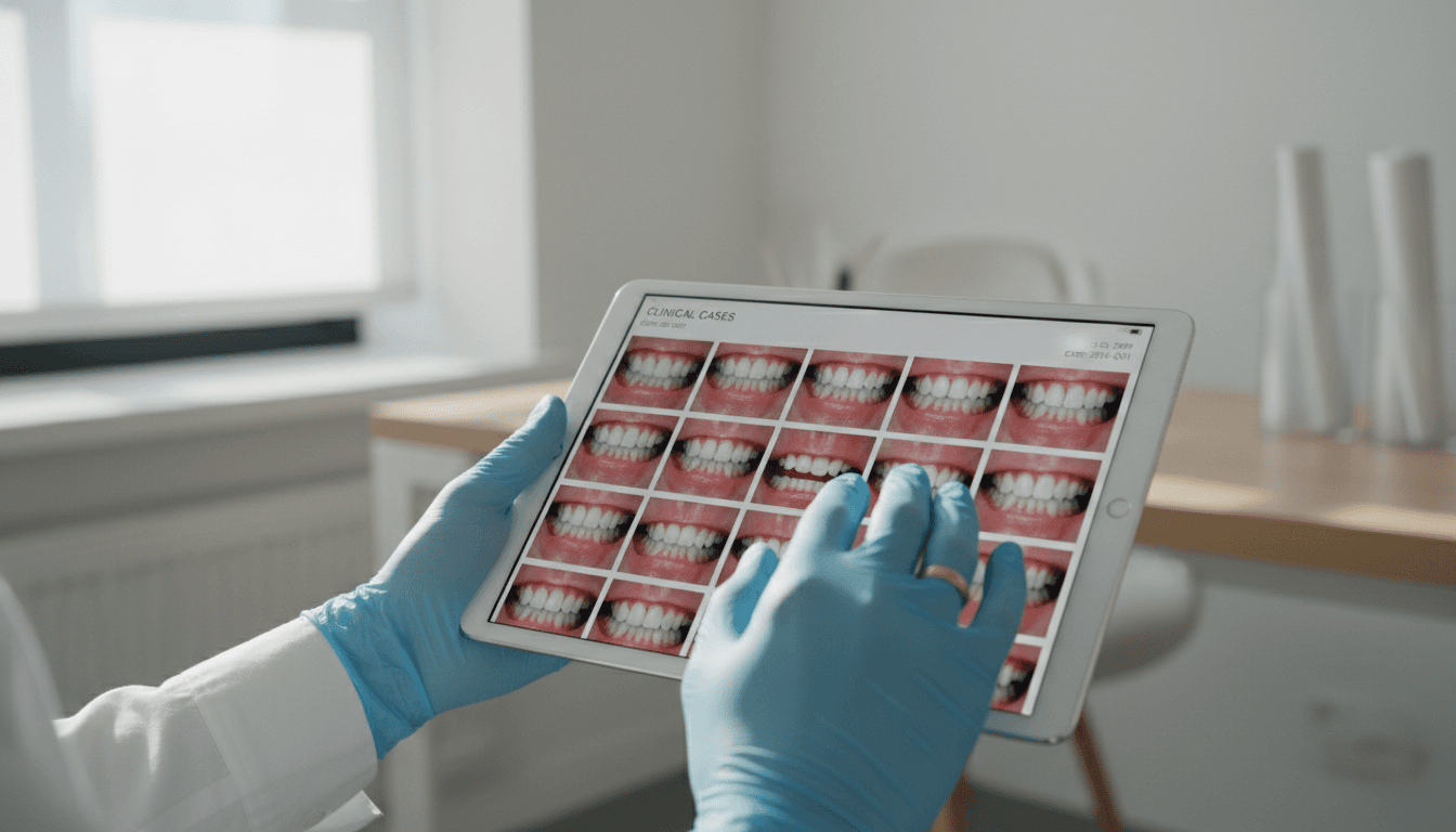 Dental professional reviewing treatment plans at modern workstation
