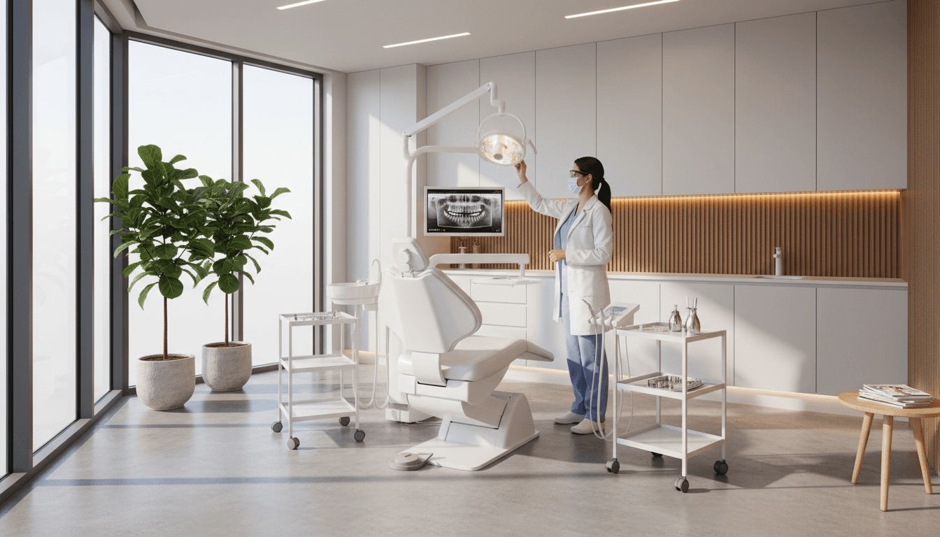 Modern dental operatory with comfortable patient chair and advanced lighting