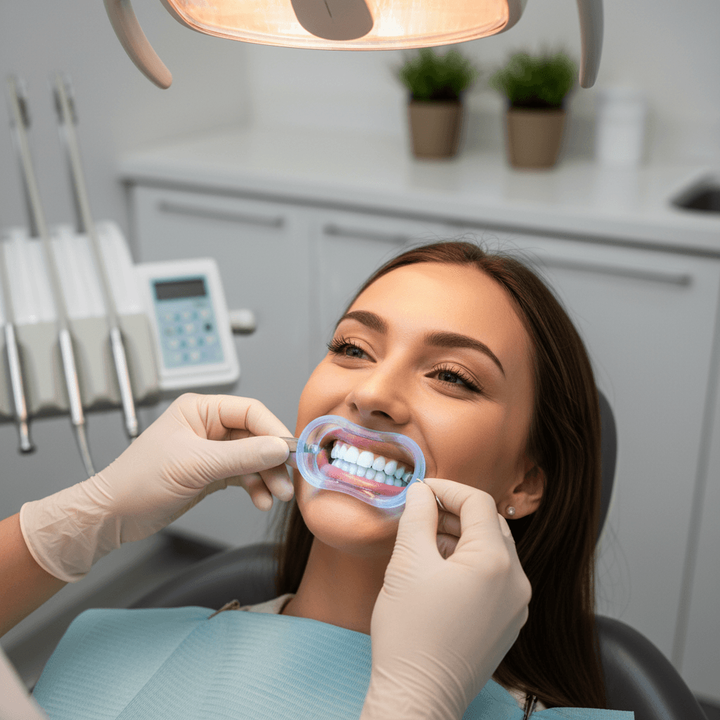 Professional teeth whitening treatment demonstration