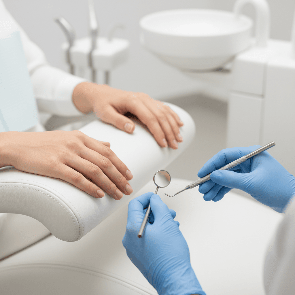 Dental professional examining patient with modern instruments