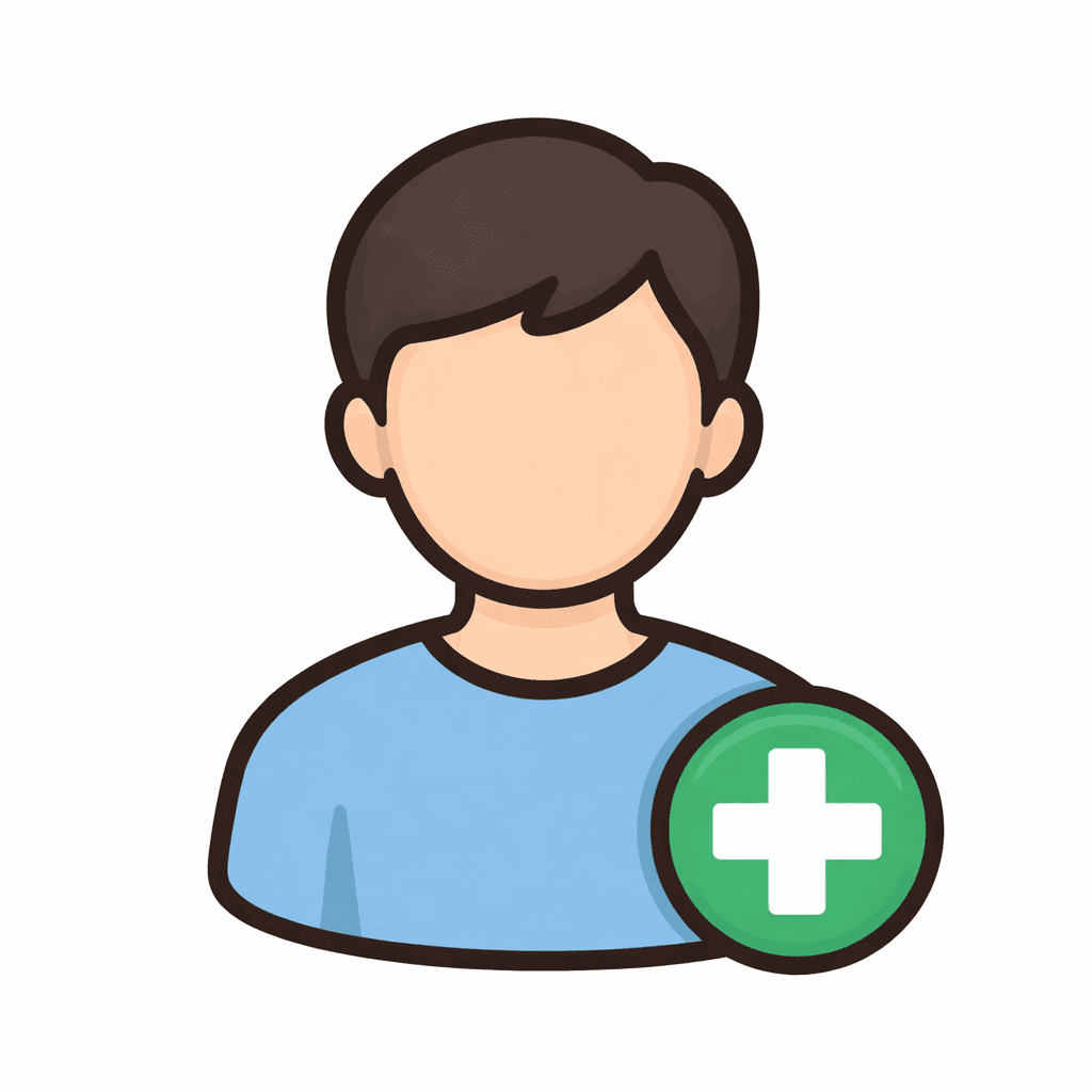 Cartoon person icon with brown hair and blue shirt, featuring a green plus sign.