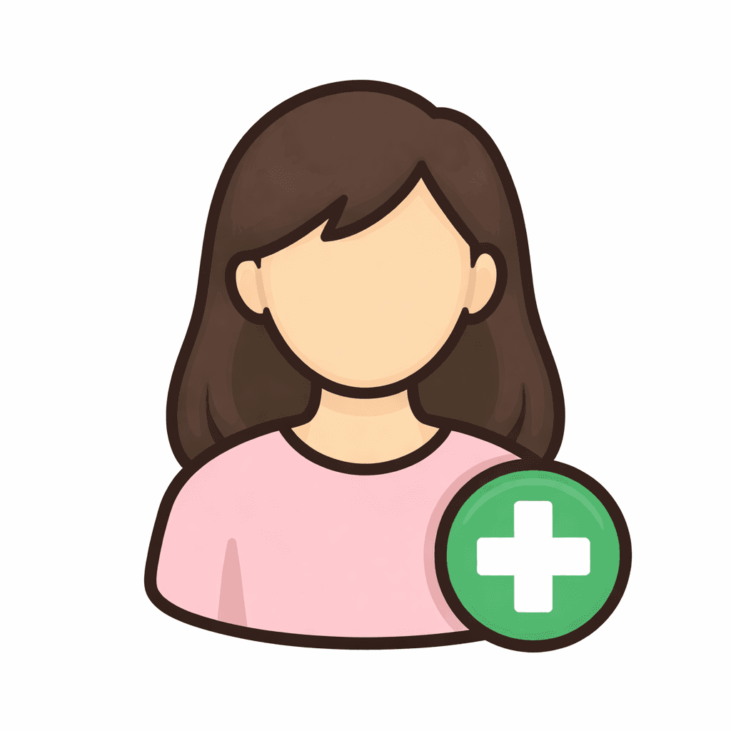 Cartoon avatar of a woman with brown hair and pink shirt with green plus icon.